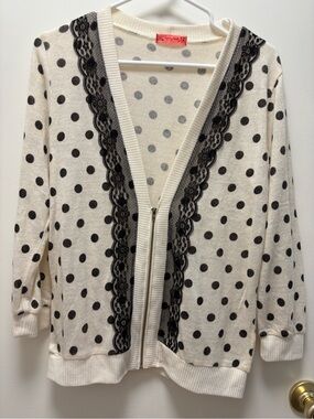 Spoiled Cream and Black Polka Dot Cardigan with Lace Trim